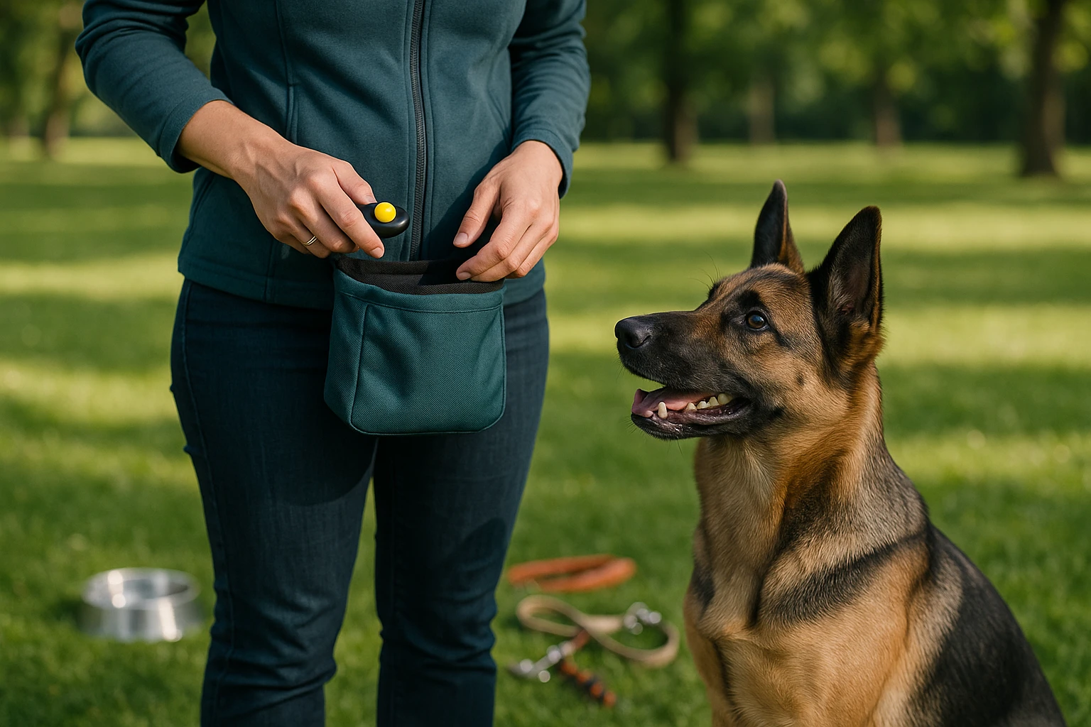 A person outdoors in a park setting, holding a clicker and a dog treat pouch while a dog attentively waits in a training posture. In the background, tugs and leashes are scattered near a water bowl, symbolizing hands-on dog training activities.