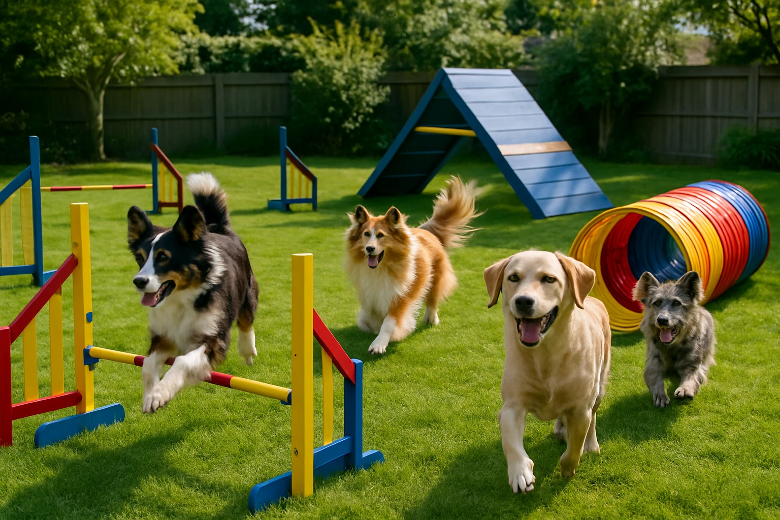 A colorful agility course set up in a spacious backyard, with multiple dogs eagerly participating, showcasing various training tools like hurdles and tunnels.