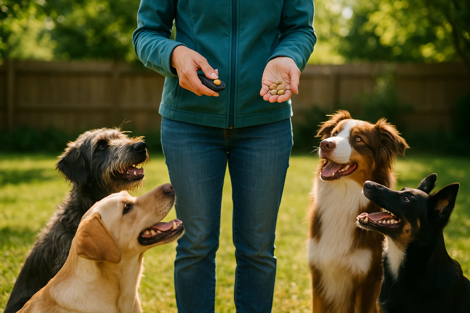 A trainer demonstrating a clicker and treats in a sunlit backyard, surrounded by eager dogs of various breeds, highlighting the practical tools and techniques essential for realistic dog training outcomes.