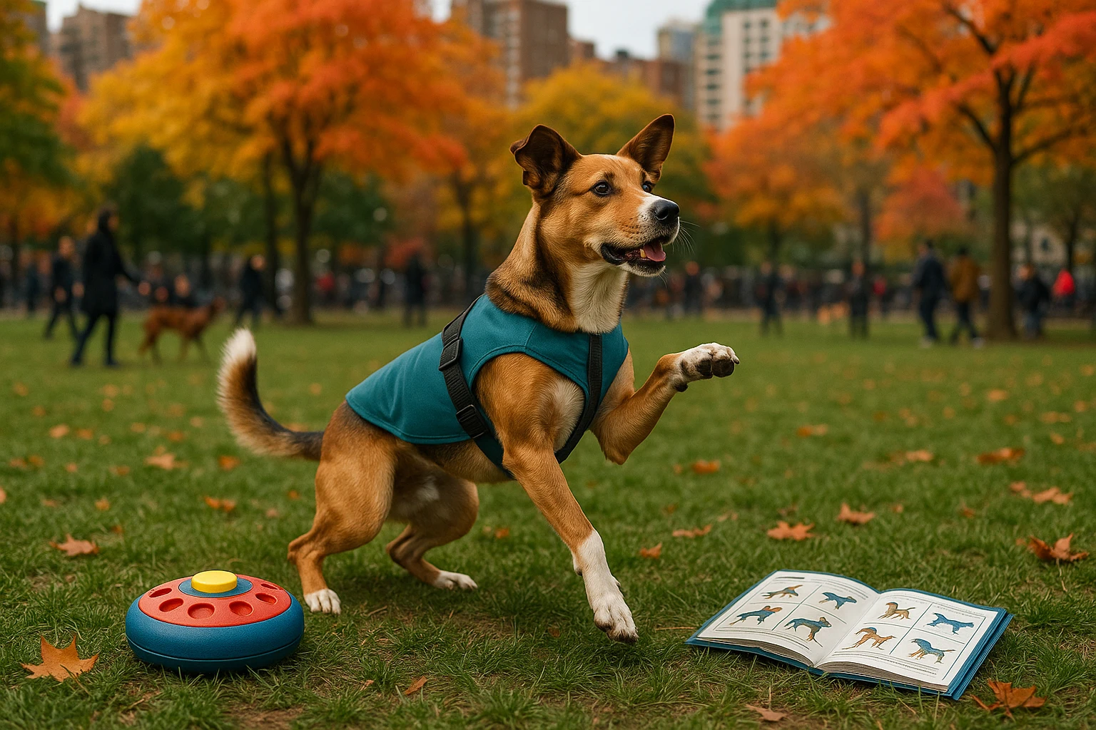 A busy urban dog park with vibrant fall foliage; a dog wearing a training vest performs a complex series of commands on a grassy patch, while a colorful interactive training toy and a detailed portable guidebook with clear illustrations lie nearby.