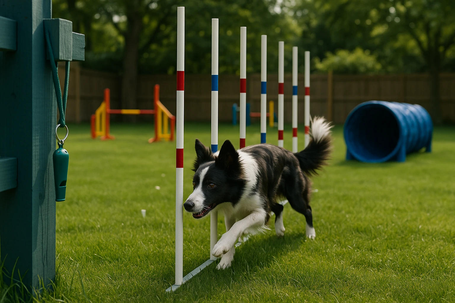 A spacious backyard with a variety of agility equipment set up, including a small tunnel and weave poles, while a border collie skillfully navigates through the course under the guidance of a training whistle hanging from a nearby fence post.